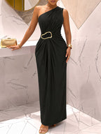 Summer Women'S Light Luxury Solid Color Off-Shoulder Long Dress, Metal Buckle Embellishment Ruched -Hugging Design, Elegant Party Outfit - Black