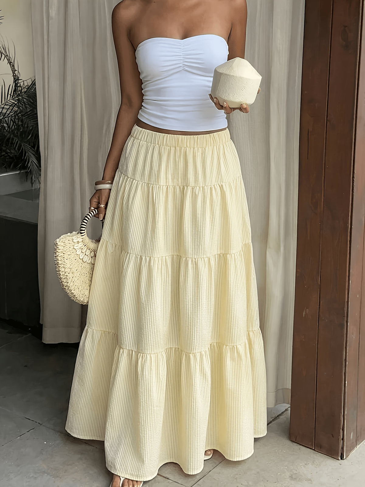 Women's Summer Casual Commuter Style Long Vintage Preppy Striped Yellow Skirt, Suitable for Easter Parties, Summer Vacation Casual Wear, Beach Outings, Leisure Vacations, Gatherings, Tea Parties, and Festive Events - 【Light Yellow】