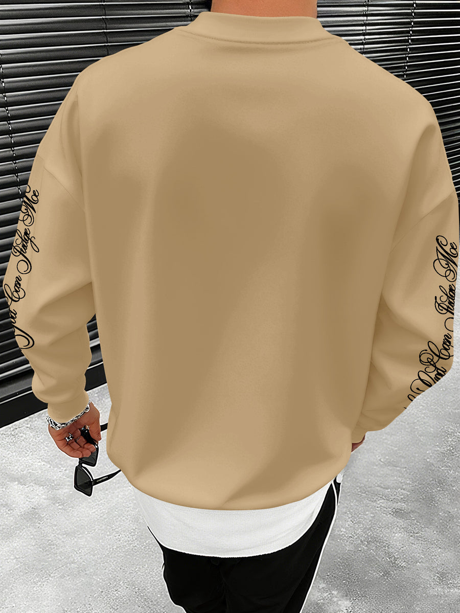 American Street Style Men's Sweatshirt, Cross Necklace Print, Loose and Versatile - Khaki