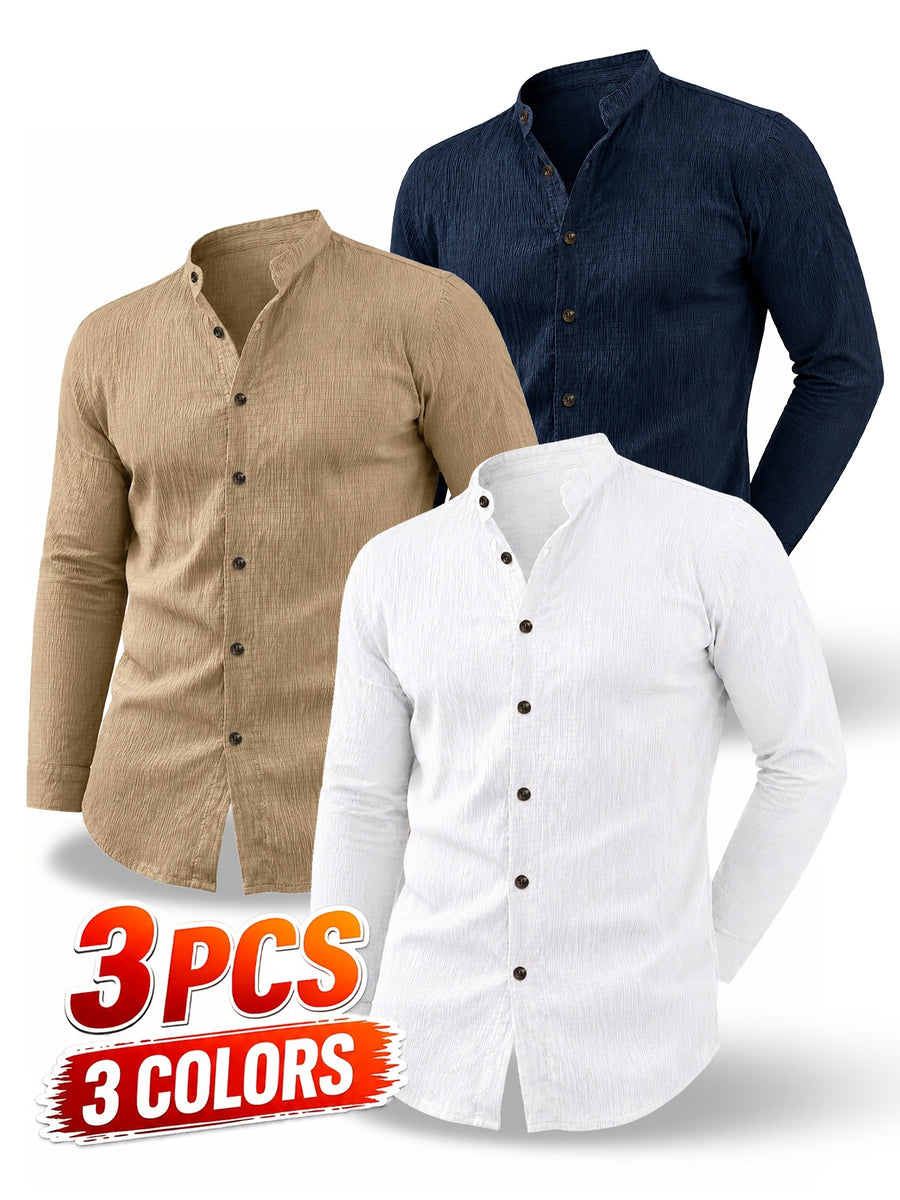[Know And Give OBM] 3pcs Men'S Casual Long Sleeve Shirts - Lightweight Breathable Solid Color Stand Collar Summer Shirts, Adjustable Cuff with Double Buttons, Suitable for Beach Vacations, Pool Parties, And Outdoor Activities, Ideal Gift - White+khaki+navy Blue