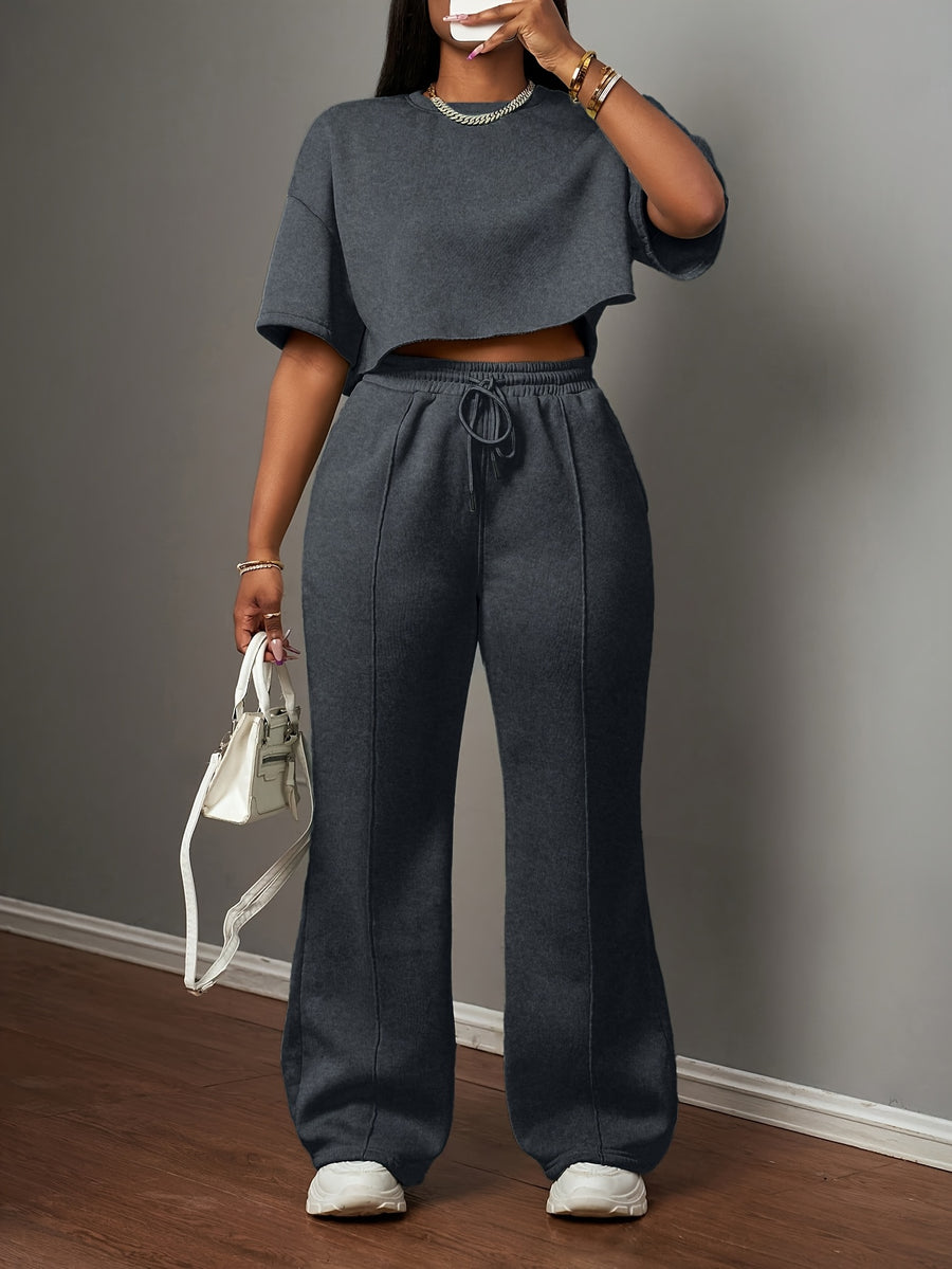 Women's Solid Color Casual Street Style Short Sleeve Crop Top and Drawstring Loose Pants swear Set - Black