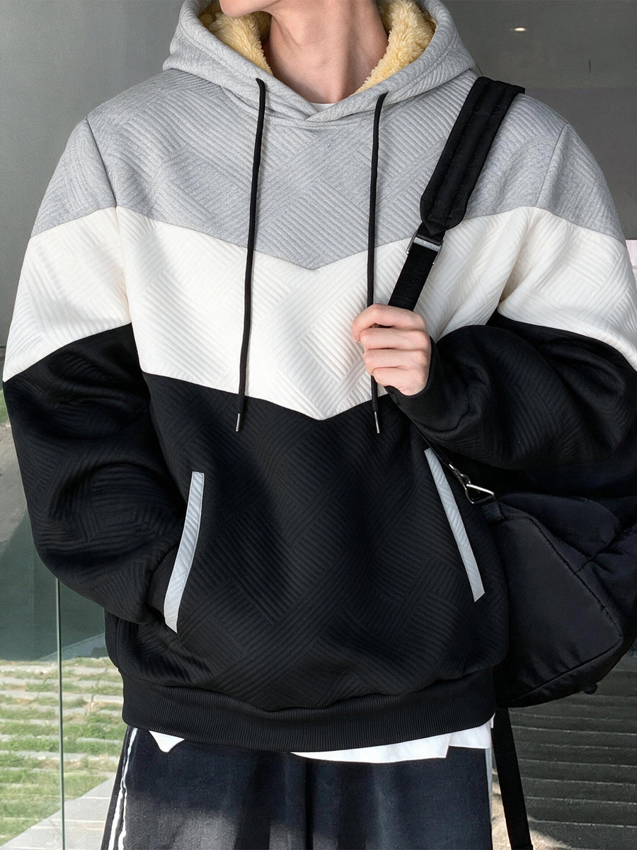 1pc Men'S Color-Block Patchwork Hooded Pullover Sweatshirt, Multi-Color Warm Textured Men'S Hoodie, Drawstring Kangaroo Pocket Warm Hooded Top, Casual Street Style Regular Fit Fall/Winter Sweatshirt, Multi-Color Patchwork Long Sleeve Hoodie - Light Gray,, Black