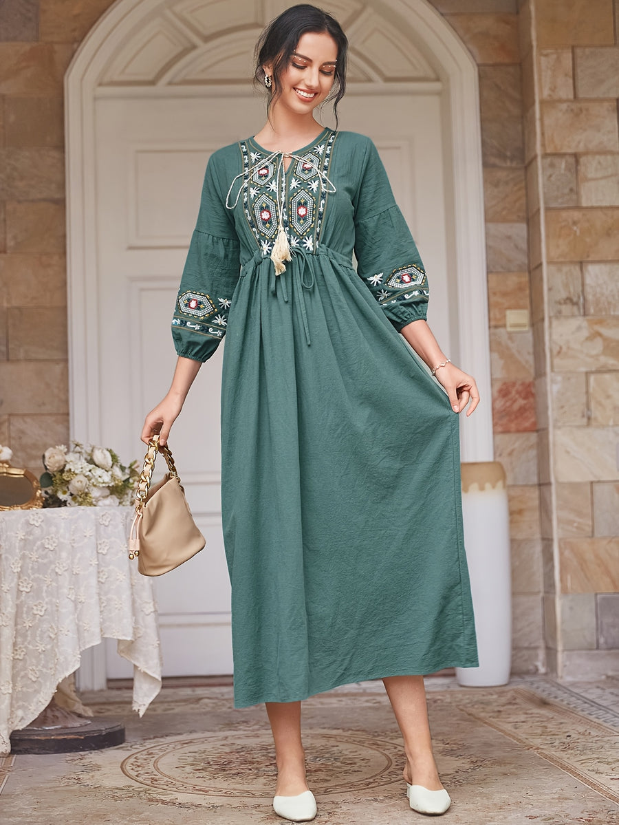 Women's Tie-Neck Floral Geometric Embroidery Drawstring Dress - Cyan