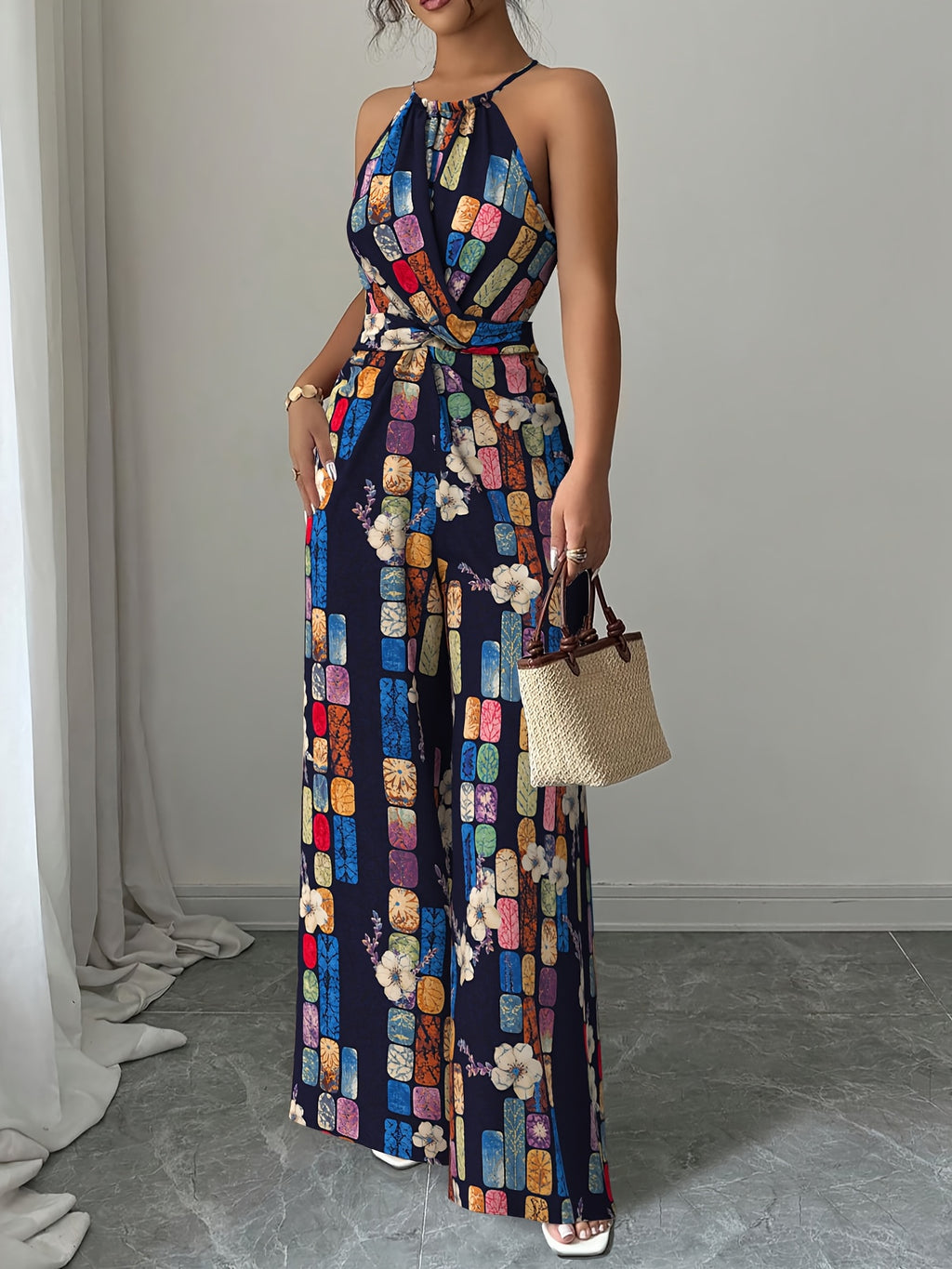 Women'S Jumpsuit, Cross-Front Design, Soft And Breathable Fabric, Printed Elegant Romantic Vacation Overalls - Mixed colors
