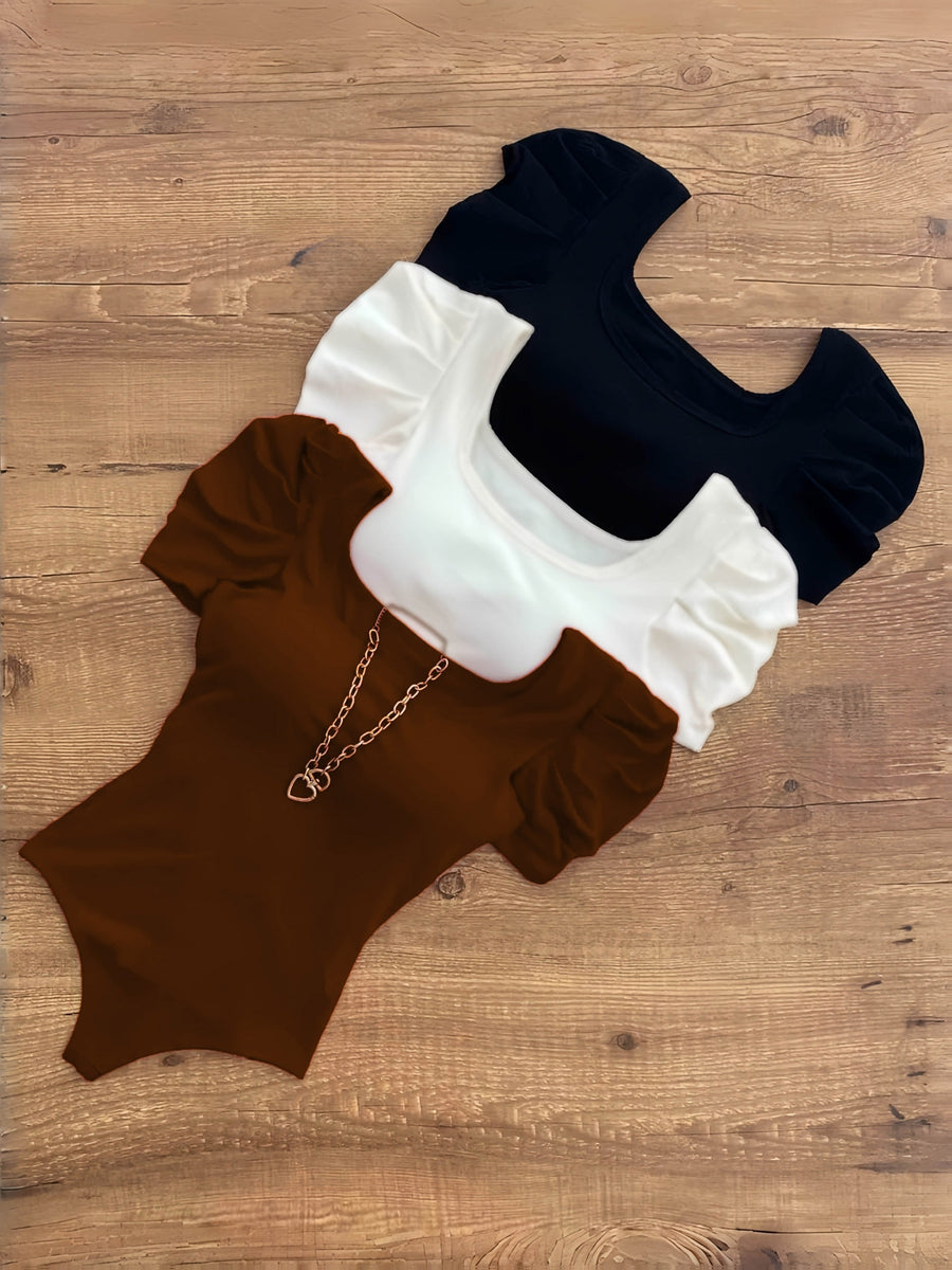 3-Pack Elegant Square Neck High-Elasticity Short Sleeve Tops for Women | Spring/Fall, Solid Color, Regular Fit - Black+White+Dark Brown