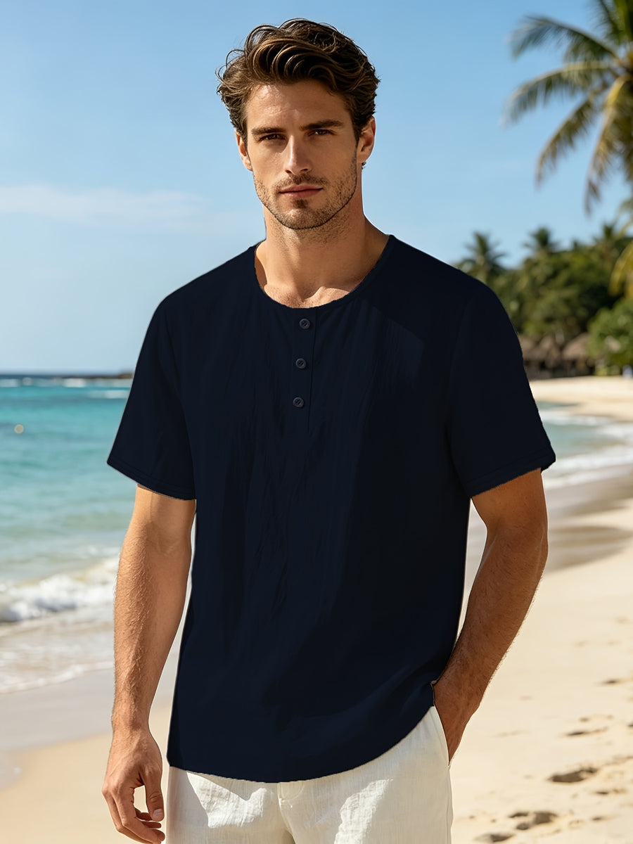 Men's Summer Linen Short-Sleeve T-Shirt, Casual Crew Neck Top, Breathable Lightweight Beachwear - Navy Color