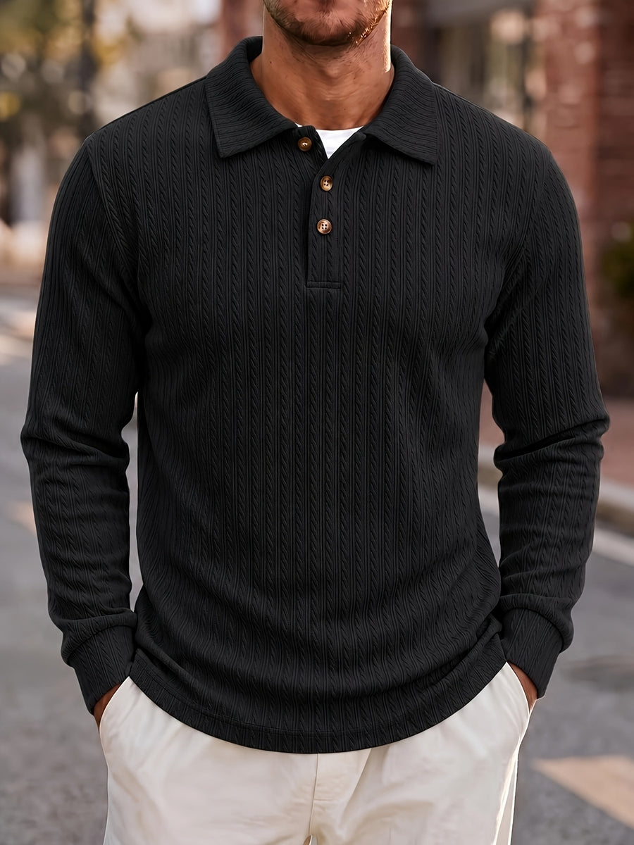 Men'S Casual Jacquard Polo Shirt, Autumn Easy Style Elastic Long Sleeve Textured Fabric Slim Fit Base Layer Top - Black