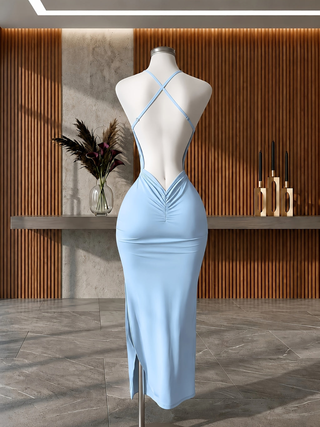 Y2K Women'S Elegant Versatile Solid Color Cami Backless Long Dress, Back Ruched Fitted Bodycon Dress, Suitable for Socialite Temperament Evening Parties - Sky Blue