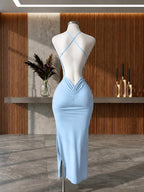 Y2K Women'S Elegant Versatile Solid Color Cami Backless Long Dress, Back Ruched Fitted Bodycon Dress, Suitable for Socialite Temperament Evening Parties - Sky Blue