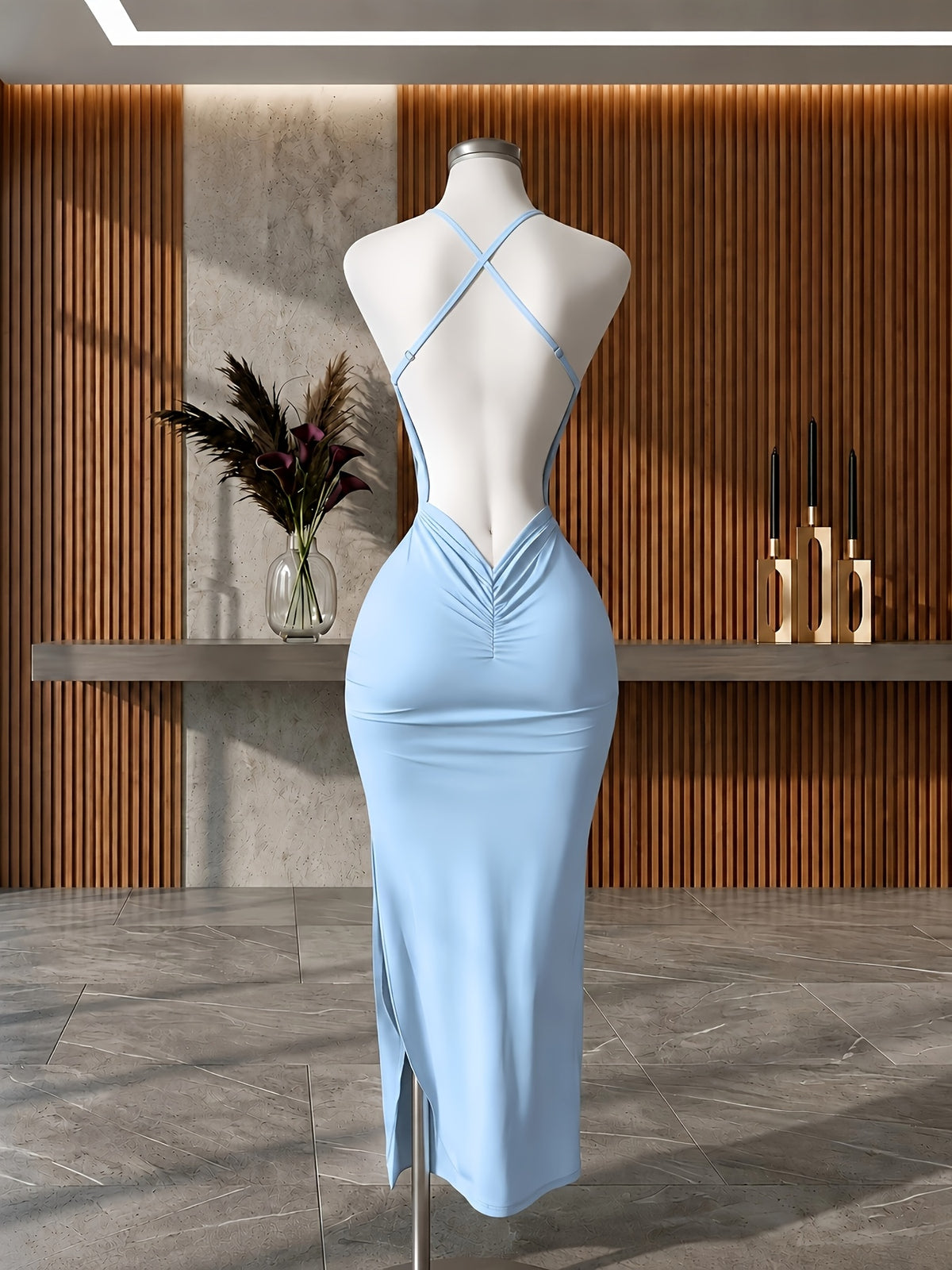 Y2K Women'S Elegant Versatile Solid Color Cami Backless Long Dress, Back Ruched Fitted Bodycon Dress, Suitable for Socialite Temperament Evening Parties - Sky Blue