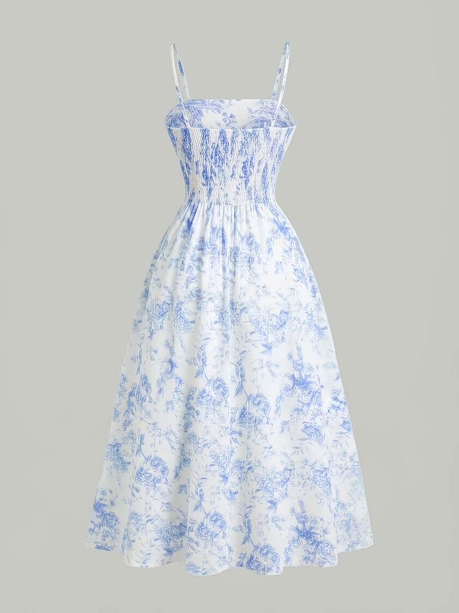 Women'S Elegant Temperament/Cami Dress with Front Pleats And Back Tie, Floral Print Fitted Dress, Waist-Cinching, Gentle Style, Vacation Look, Suitable for Dates, Travel, Parties, Gatherings, Beachwear, Commute - Multicolor