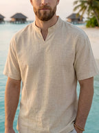 Men'S Textured Henley Shirt, Casual Short Sleeve V-Neck T-Shirt, Summer Beach Vacation Style, Non-Iron Breathable Top - Wheat-colored