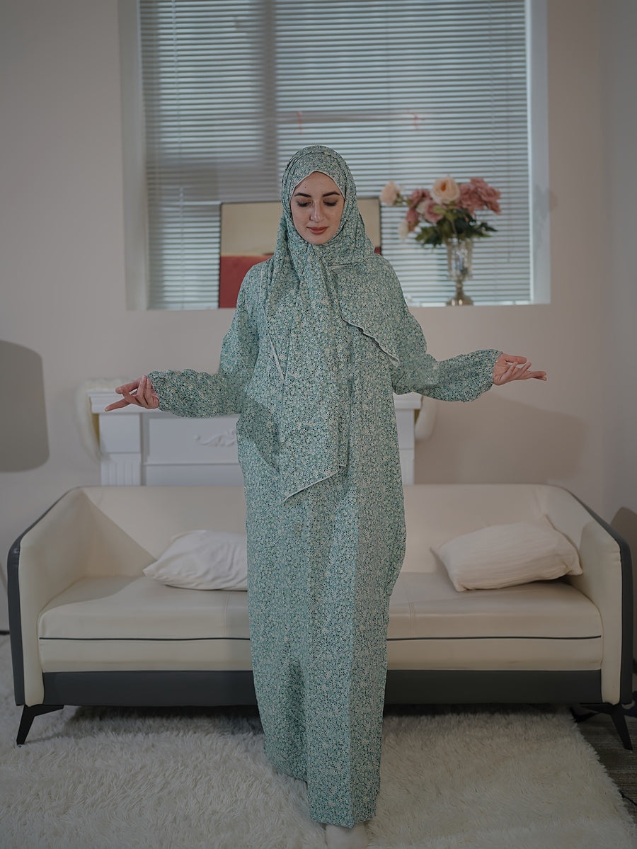 Elegant Floral Print Viscose Abaya for Women - Stylish Long Sleeve Prayer Robe with Zipper Detail, Loose Fit, Perfect for Spring/Summer, Comfortable & Versatile Middle Eastern Wear, Summer Abaya|Floral Pattern Robe|Elegant Appearance, Islamic Clothing - Light Cyan
