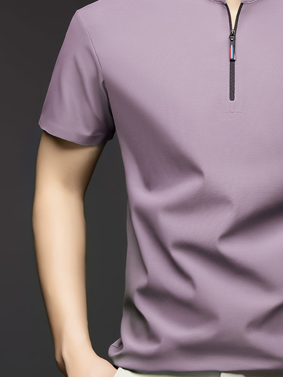 Summer Men'S Short Sleeve T-Shirt, Classic Mandarin Collar with Half Zipper, Smooth And Wrinkle-Resistant, Self-Cooling, Good Drape, Essential Top for Daily, Dating, And Light Business - Taro Purple