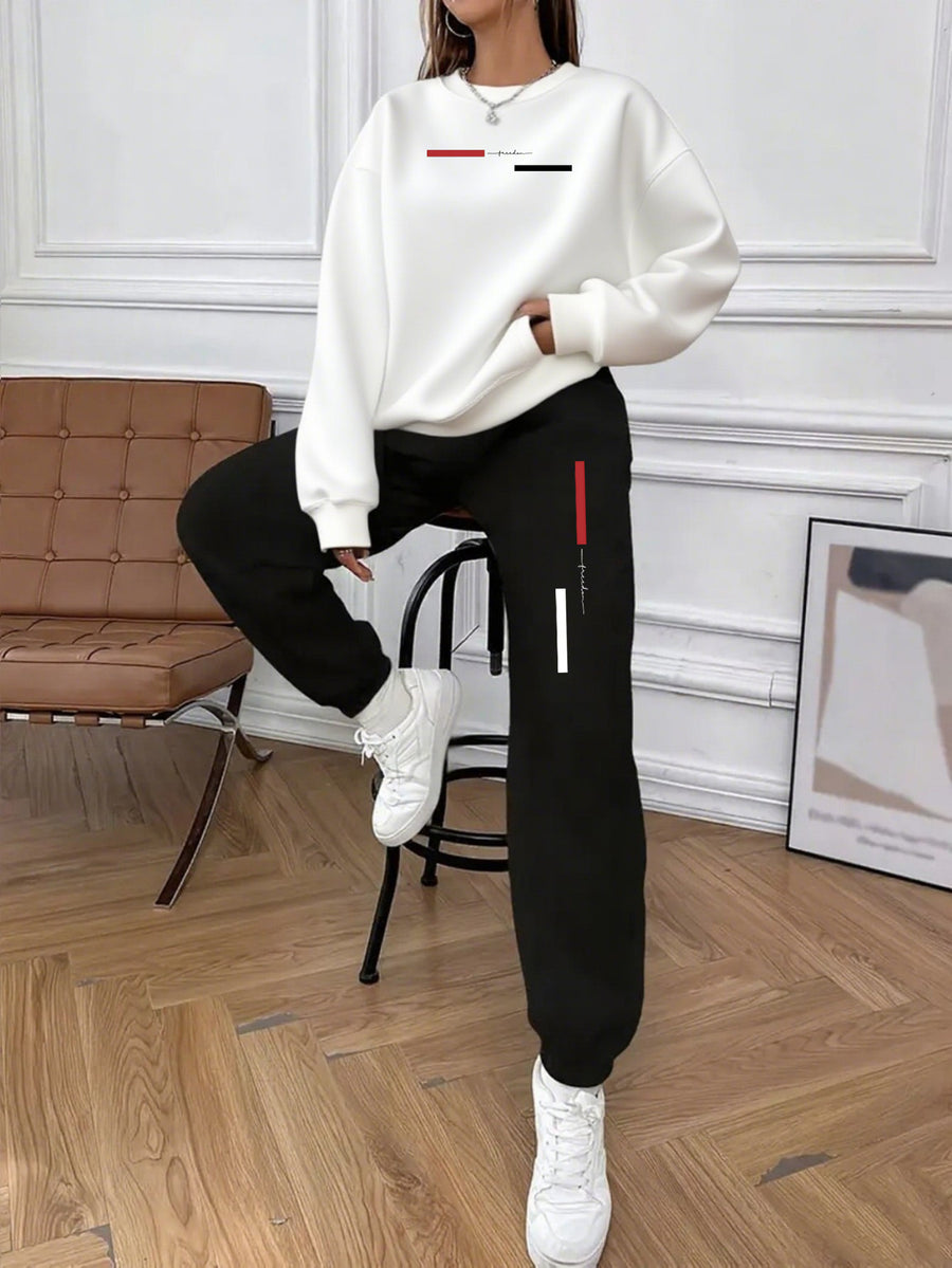 Halloween Christmas Autumn Winter New Style: Women'S Exquisite Casual Sports Fleece Sweatshirt 2pcs Set, Easy Cool Printed Theme Pattern - Comfortable Round Neck Sports Top And Joggers with Side Pockets - White