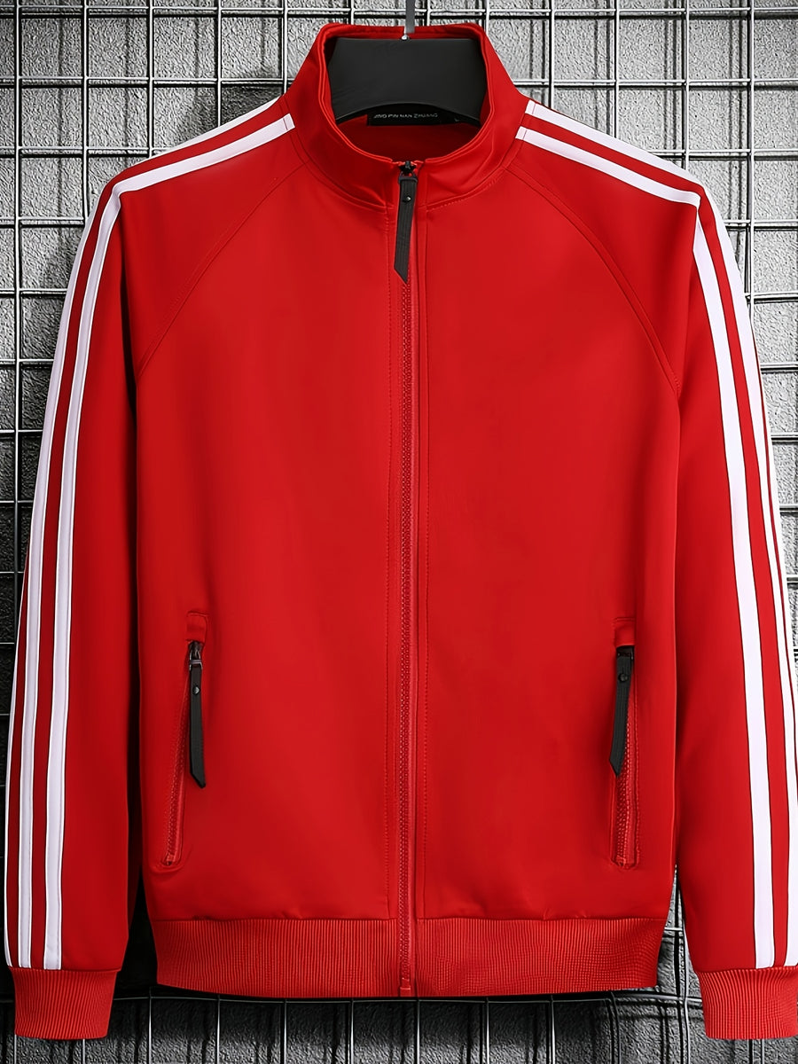 [Pearson OBM] Men'S Spring Autumn Casual Easy All-Match Outdoor Sports Jacket, Small Stand Collar Solid Color with Three Stripes, Side Seam Zipper Pockets, Elastic Cuffs And Hem Design, Full Zip Closure Coat, Suitable for Vacation, Sports - Red