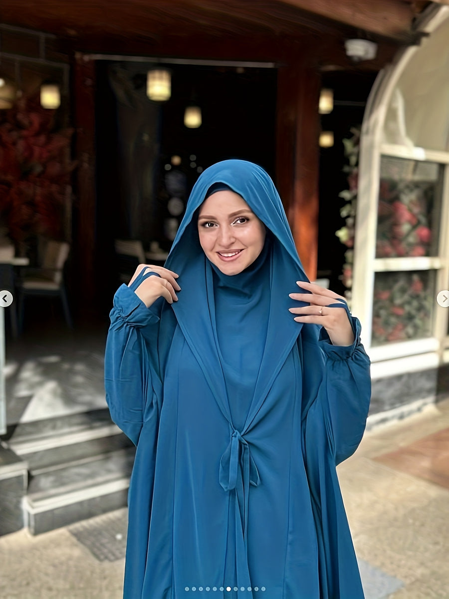 New Cross-Border Middle East Solid Color Women's Lace-Up Abaya 2pcs Set with Large Headscarf, Arabic Style P302 - Royal Blue