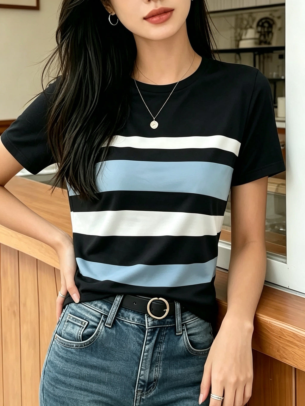 [Printed Design Texture] Women'S Korean-Style Blogger'S Colorful Striped T-Shirt, a Versatile Basic Short-Sleeve Top That Flatters The Figure And Is Suitable for All Body Types, a New Summer 2026 Model for Commuting And Casual Wear - Mixed Color 3