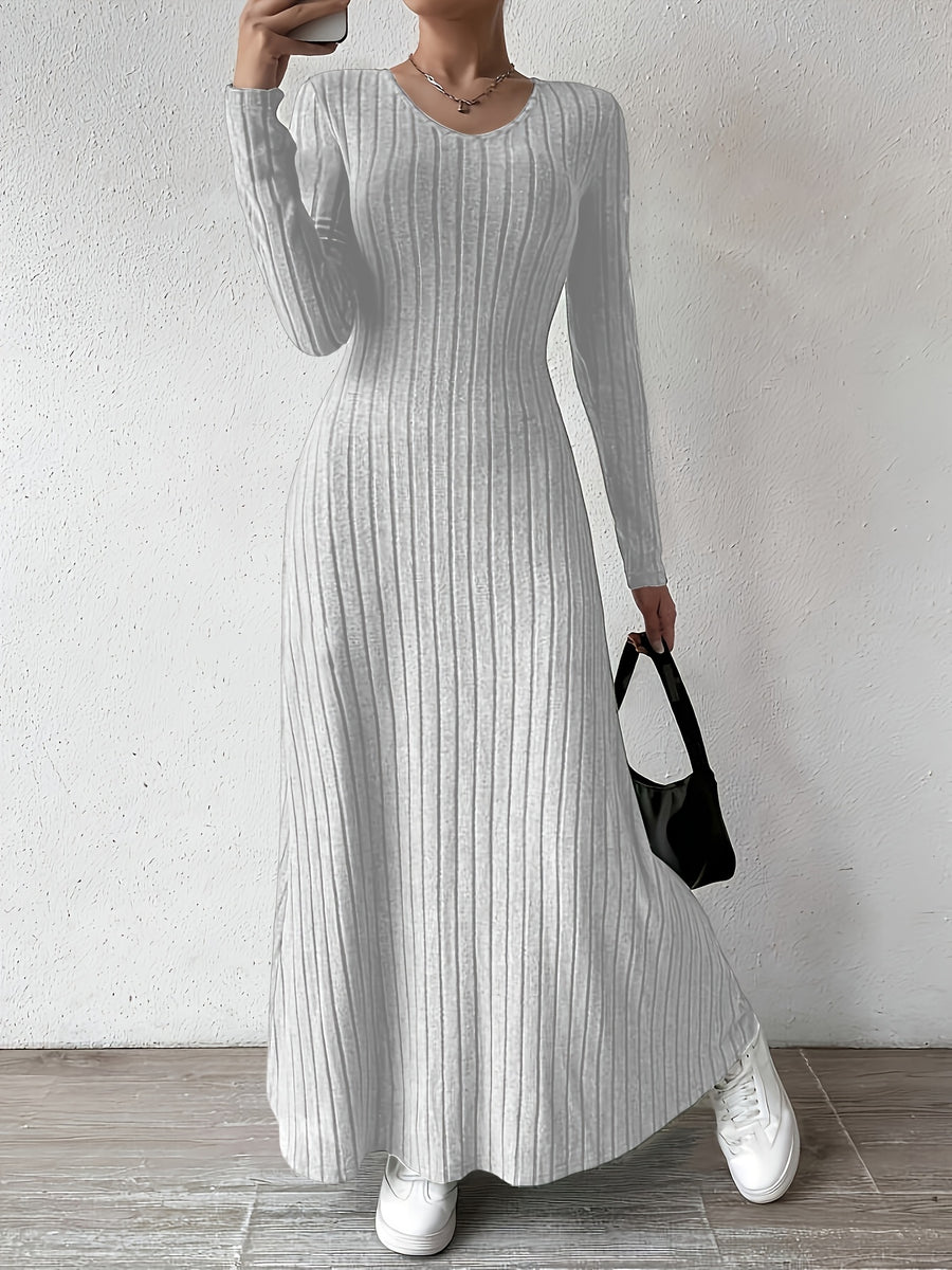 Women's Elegant V-Neck Long Sleeve A-Line Dress - Solid Color Machine Washable Fall Dress with Flattering Silhouette, Versatile for Casual & Formal Occasions, Long Sleeve Maxi Dress, Comfortable Fit - Light Grey