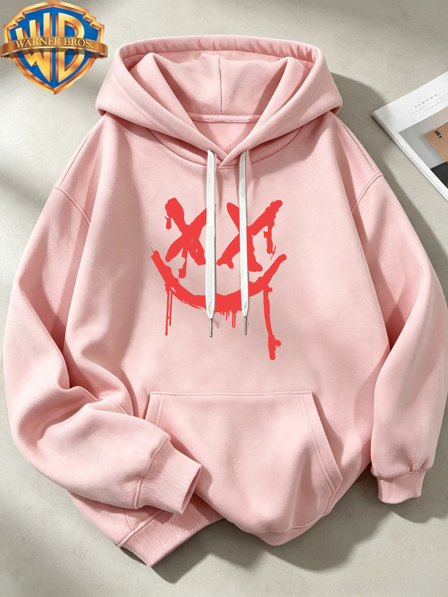 Joker Dark Graffiti Text Pattern Print Trendy Cool Casual All-Match Sports Drawstring Pocket Hooded Men'S Sweatshirt, Men'S Autumn Winter Cute Casual Style - Pink Color