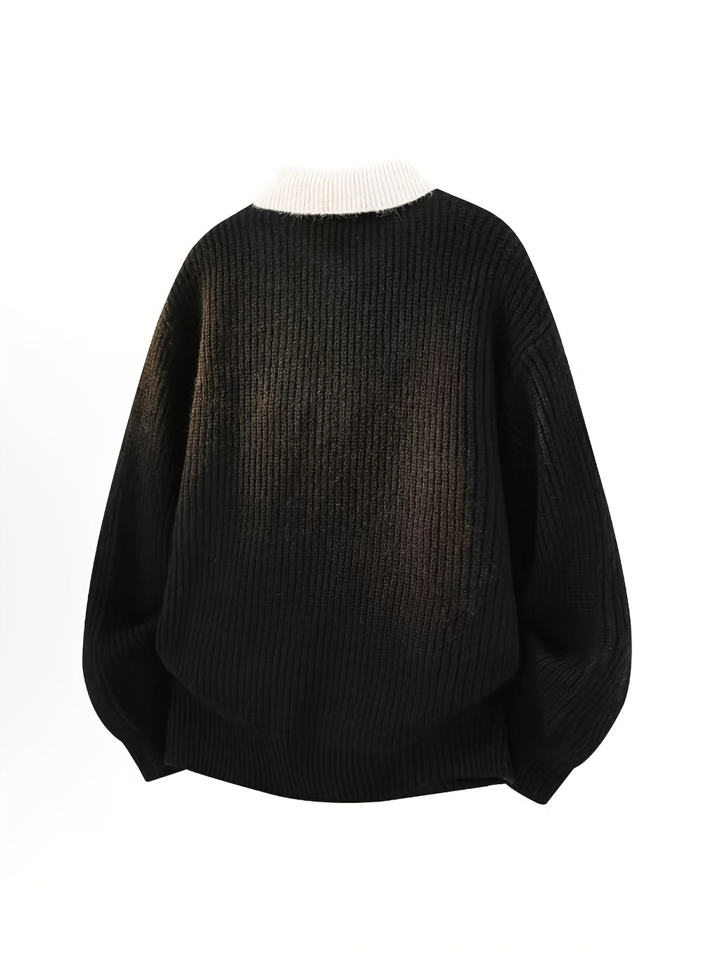 Simple Casual Color-Block Patchwork Lapel Pullover Long-Sleeve Sweater, Fashionable 2-in-1 Look Knitwear - Black