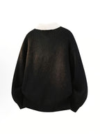 Simple Casual Color-Block Patchwork Lapel Pullover Long-Sleeve Sweater, Fashionable 2-in-1 Look Knitwear - Black