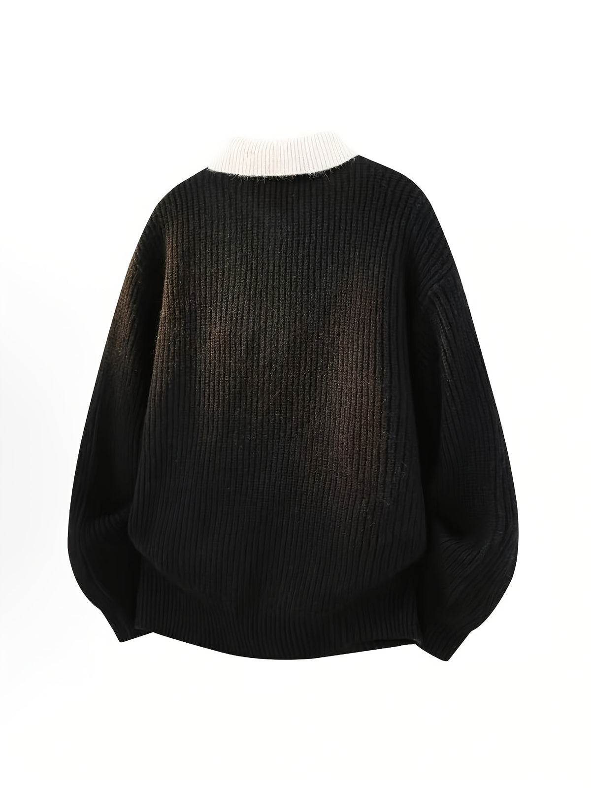 Simple Casual Color-Block Patchwork Lapel Pullover Long-Sleeve Sweater, Fashionable 2-in-1 Look Knitwear - Black