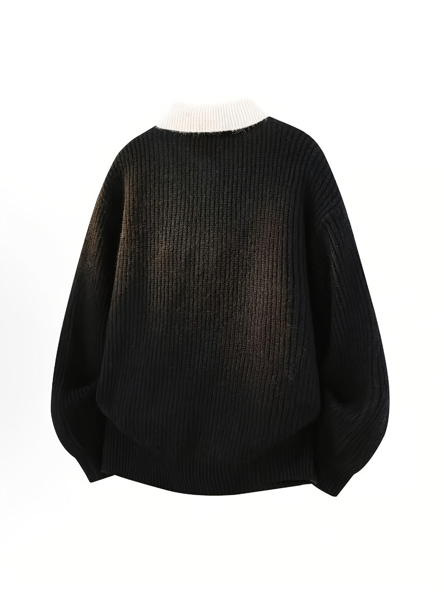 Simple Casual Color-Block Patchwork Lapel Pullover Long-Sleeve Sweater, Fashionable 2-in-1 Look Knitwear - Black