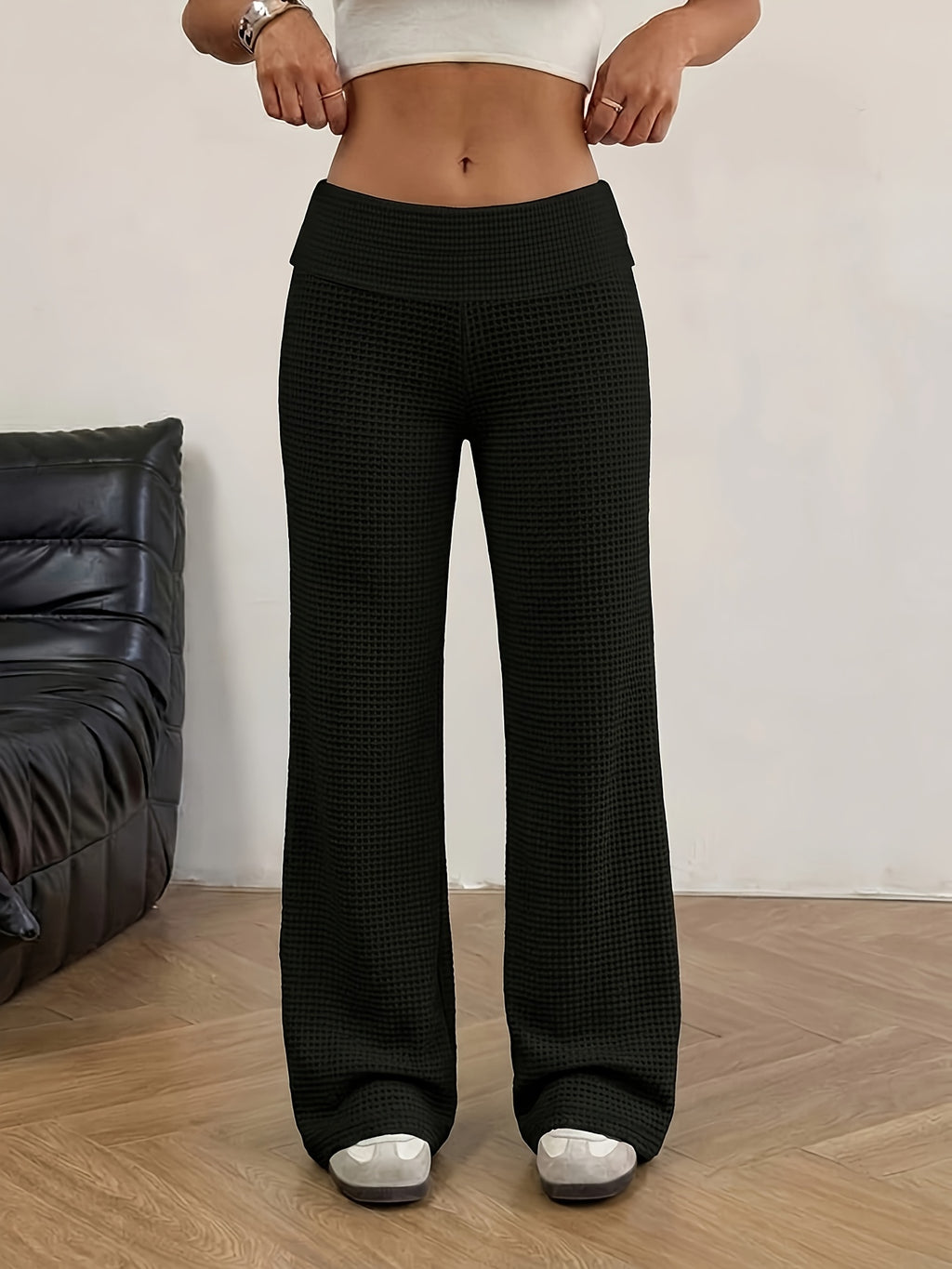 Women'S Tummy Control Striped Loose Low-Rise Casual Long Pants - Black