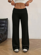 Women'S Tummy Control Striped Loose Low-Rise Casual Long Pants - Black