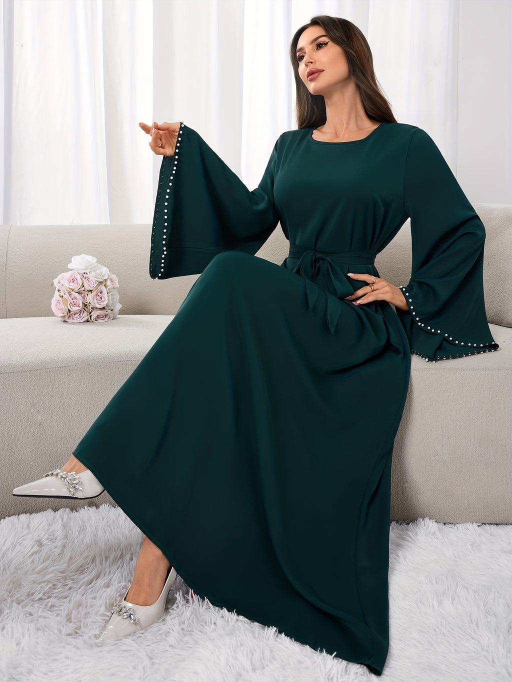 1pc Slim-fit Stretch Abaya Sleeve Front Zipper A-line AbayaElegant Flowing Muslim Robe Convenient Daily Islamic Women's WearStretch Sleeve Front Zipper AbayaSuitable for Daily Commuting, Gatherings with Family Friends, and Islamic Festive Occasions - Dark Green