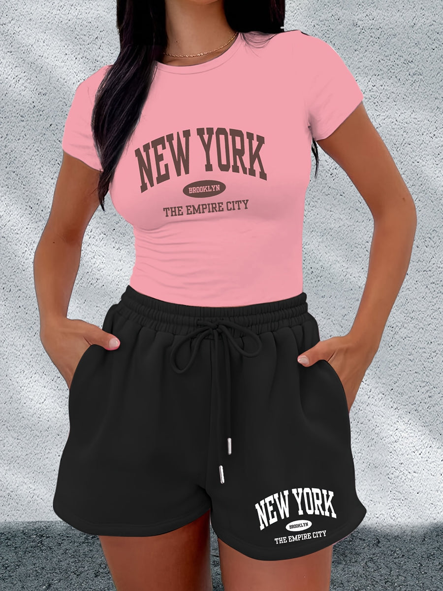 Summer Fashion Sticker Short Sleeve T-shirt and Shorts Two-piece Casual Sports Suit X4071 - Pink+Black