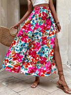 Printed Waist-cinching Front Slit Casual Women's Long Skirt - Rose Red