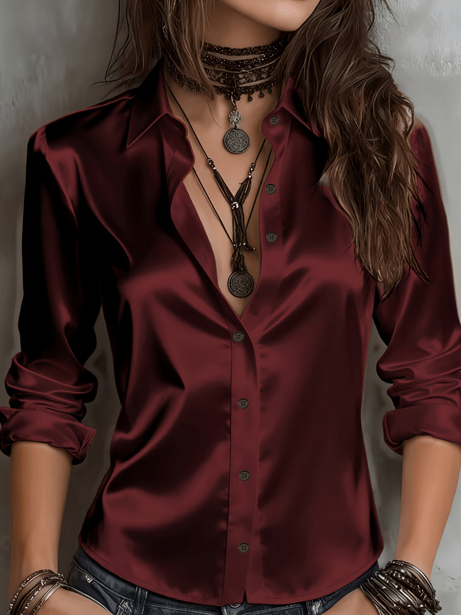 Women'S All-Season Temperament Commuter Satin Shirt - Burgundy