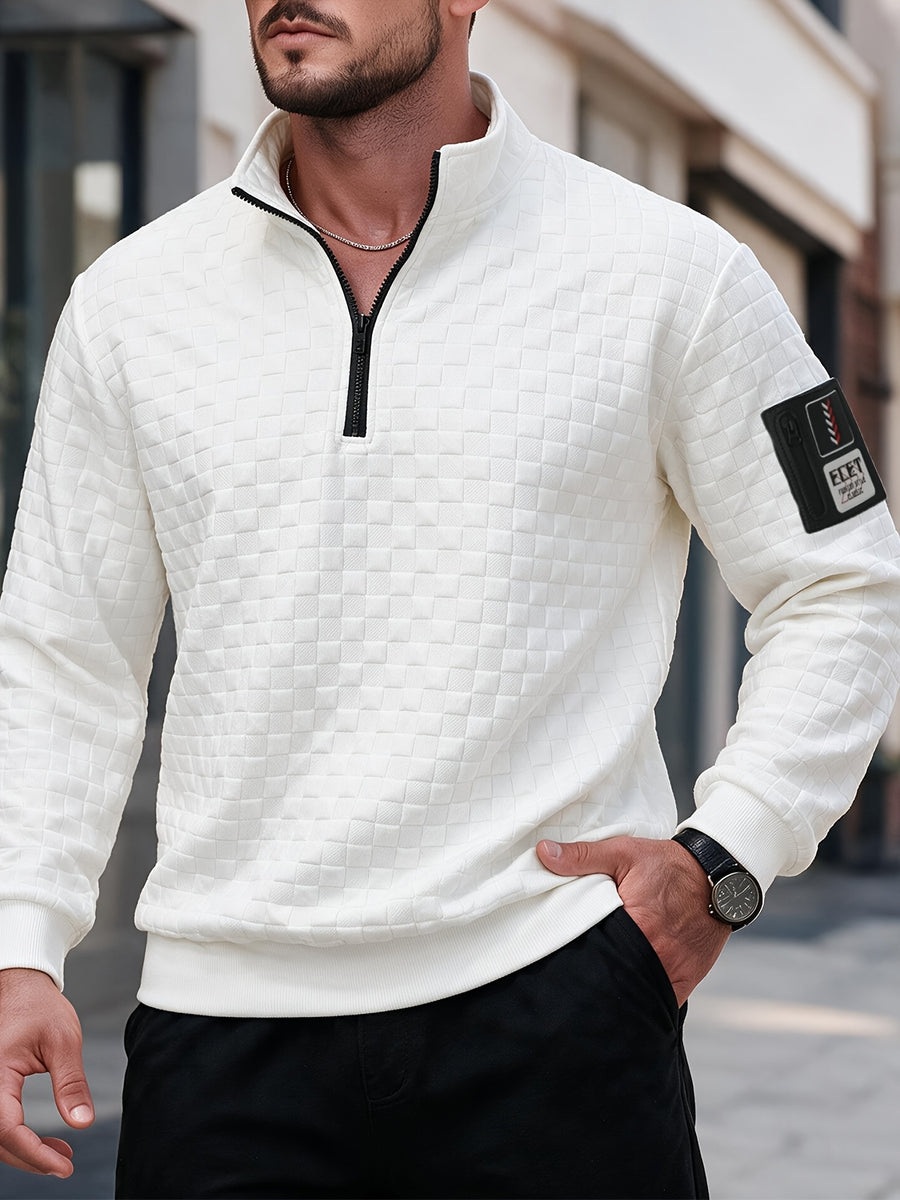 Autumn Men'S Waffle Half-Zip Stand Collar Sweatshirt, Casual Loose Textured Pullover Top Jacket, Gift for Husband Or Father - White