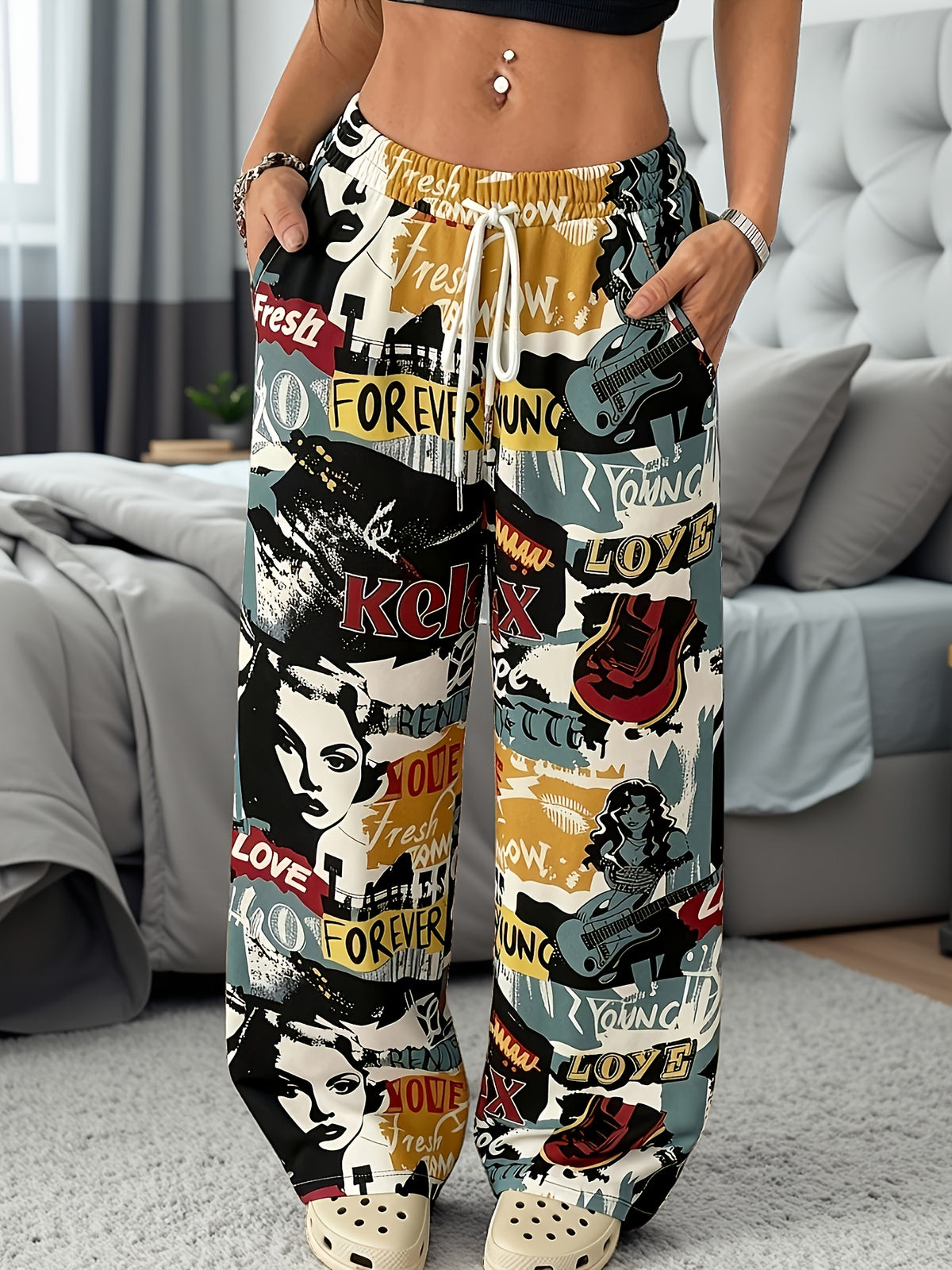 New Women'S Printed Wide-Leg Pants with a High Waist And Drawstring, Featuring Side Pockets And a Loose Fit, Perfect for a Casual Street Style - Multicolor
