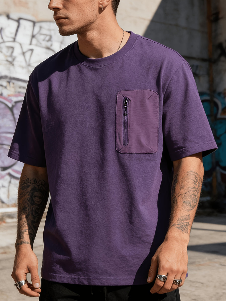1PS Men's American Workwear Style Short Sleeve T-Shirt with Contrast Zipper Pockets, Loose Fit for Summer Daily Wear, Men's Vintage Short Sleeve T-Shirt with Zipper Patch Pocket, Heavyweight, Loose Fit, Versatile Summer Outdoor Casual Top - Dark Violet
