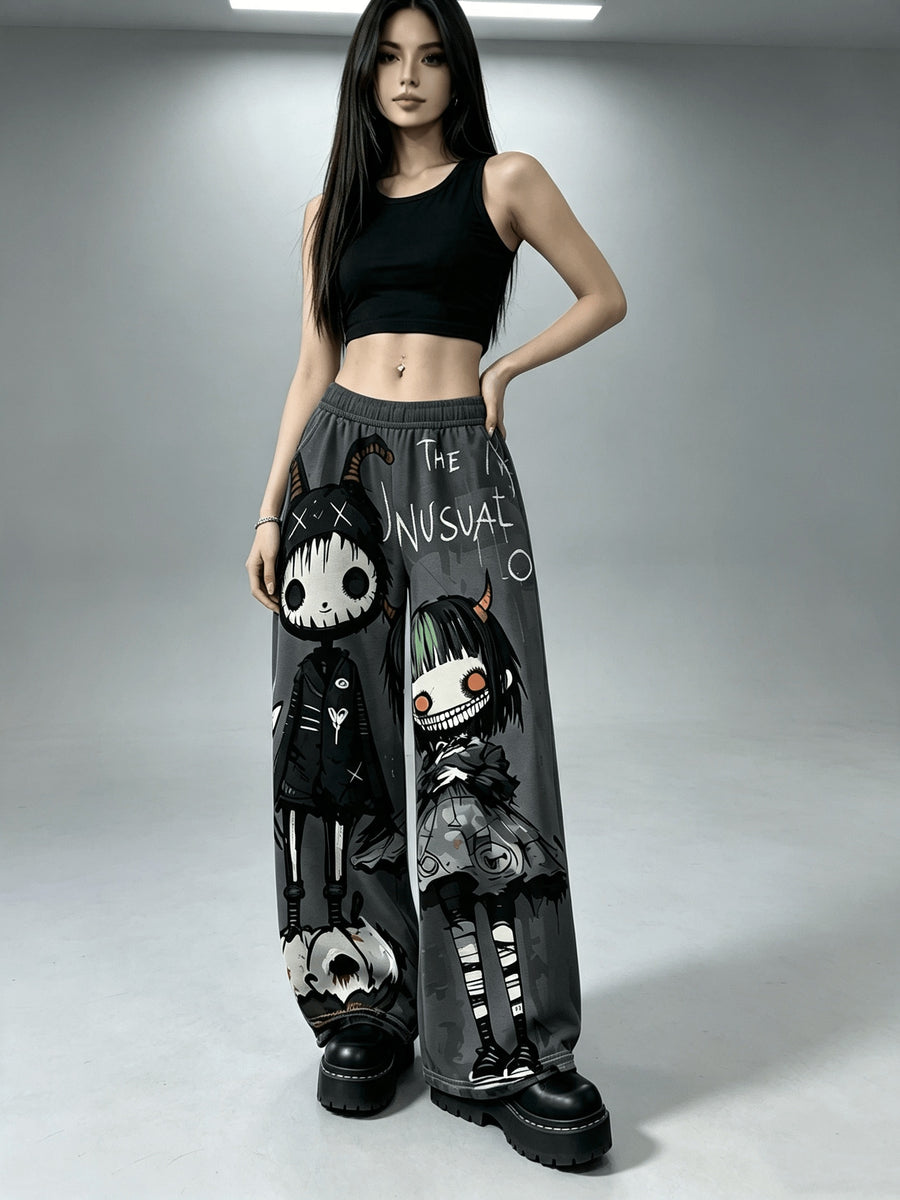 Women'S Digital Print Spring Summer Autumn Retro Horror Doll Cartoon Printed Women'S Trousers, Punk Y2K Subculture Loose Drapey Wide-Leg Pants - Mixed colors