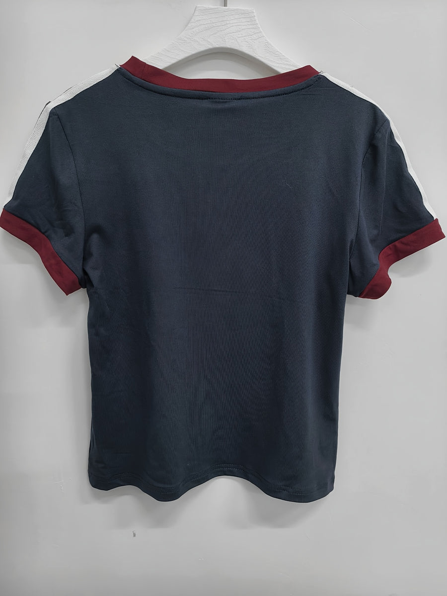 New Arrival Women's European and American Style Color Block Slim Fit Short Sleeve T-Shirt, Fun Vintage Y2K Niche Dark Minimalist Creative Gothic Spider Print Design, Sweet and Cool Y Streetwear Style, Versatile Top for Summer Outings and Daily Wear - Navy Color