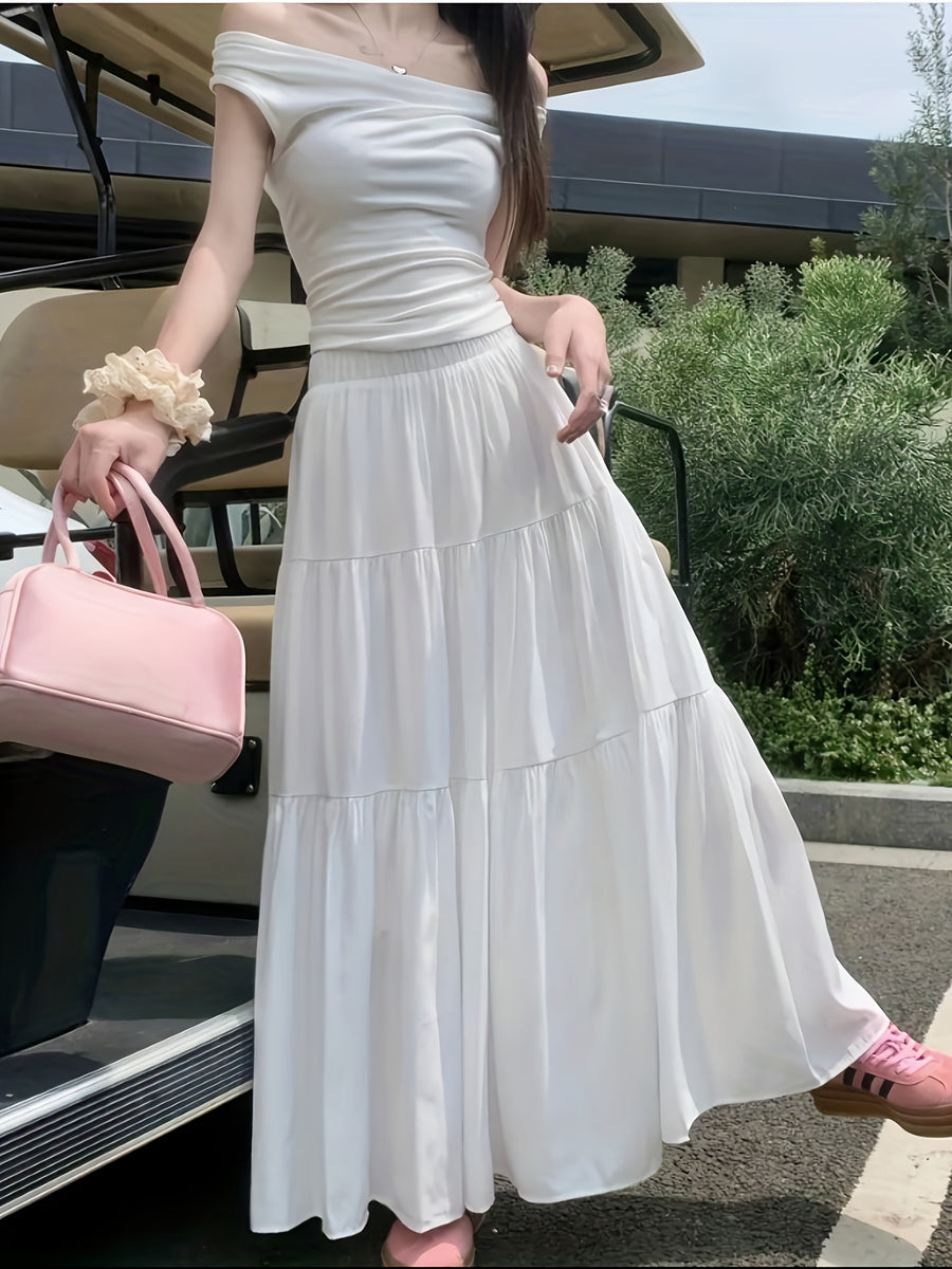 High-Waisted Skirt Elegant Casual A-Line Layered Skirt Spring And Summer Women'S Clothing Sweet Pink Long Pleated Cake Skirt - White