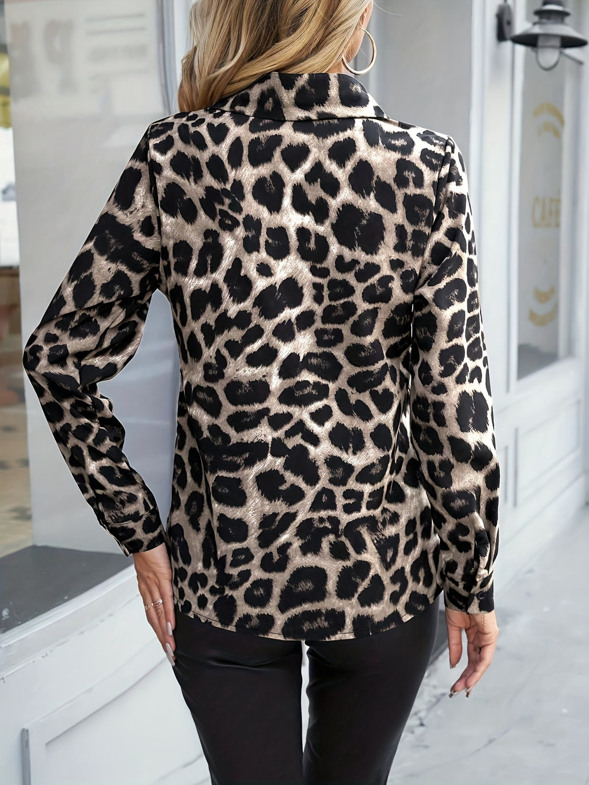 Leopard Print Button-Up Long Sleeve Shirt - Grey