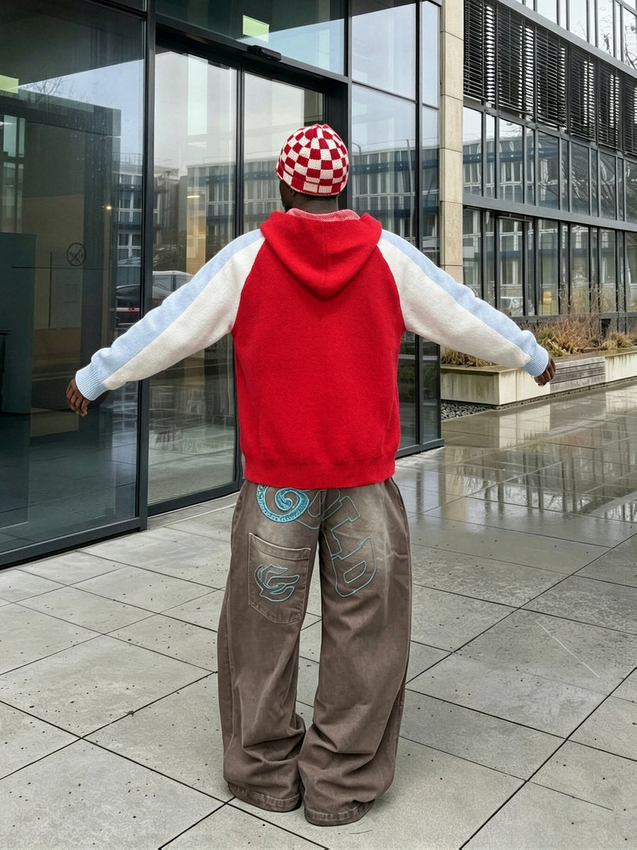 Autumn Winter Men'S Knit Sweater New American Trendy Individual Red Gray Drop Shoulder Color-Block Patchwork Star English Jacquard Design, Hooded Long Sleeve Fashion Loose Casual Street Style Pullover - Red