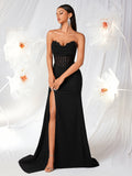 Tube Top with Small V-Neck, Mesh Panel, Sheer Long Ribbon, Slit, and Back Tie for Prom, Party, Formal Dress, Graduation Ball, Birthday Party, Evening Date, Back-to- Party, Wedding Guest, and Formal Dinner - Black