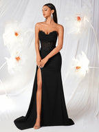 Tube Top with Small V-Neck, Mesh Panel, Sheer Long Ribbon, Slit, and Back Tie for Prom, Party, Formal Dress, Graduation Ball, Birthday Party, Evening Date, Back-to- Party, Wedding Guest, and Formal Dinner - Black
