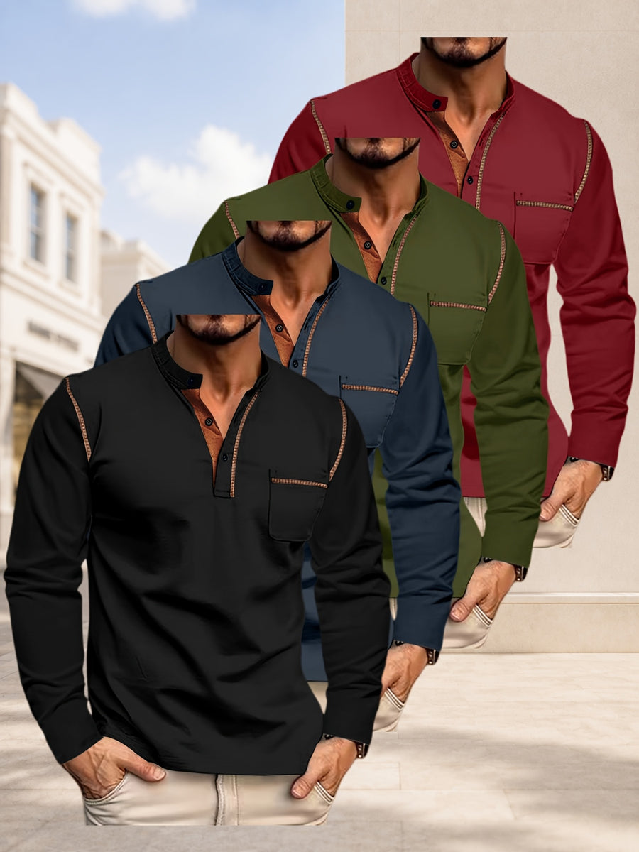 [JOSHIMAI OBM] 4pcs Men'S Long Sleeve Henley Shirts, Soft Comfortable Skin-Friendly Fabric, Lightweight Breathable Easy Care Stand Collar 3-Button Placket with Chest Pocket Detail, Solid Color Casual Top, Versatile for Office Commute - Black + Navy Blue + Army Green + Wine Red