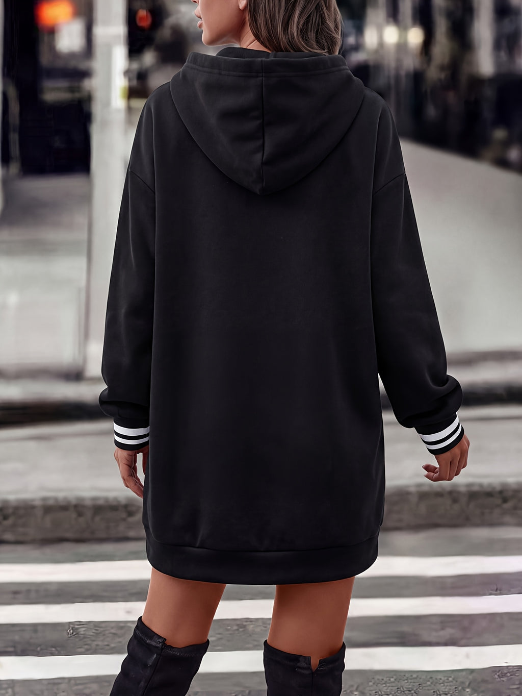 Autumn Winter Women'S New Solid Color Vertical Letter Print Hooded Sweatshirt Dress, UNPQUE FASHION Letter Color-Block Striped Cuffs Loose Mid-Length Sweatshirt, Suitable for Home, Casual Outings, Daily Commute, Street Photography, Campus Wear - Black
