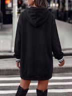 Autumn Winter Women'S New Solid Color Vertical Letter Print Hooded Sweatshirt Dress, UNPQUE FASHION Letter Color-Block Striped Cuffs Loose Mid-Length Sweatshirt, Suitable for Home, Casual Outings, Daily Commute, Street Photography, Campus Wear - Black
