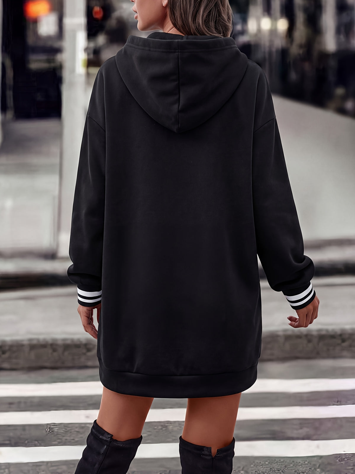 Autumn Winter Women'S New Solid Color Vertical Letter Print Hooded Sweatshirt Dress, UNPQUE FASHION Letter Color-Block Striped Cuffs Loose Mid-Length Sweatshirt, Suitable for Home, Casual Outings, Daily Commute, Street Photography, Campus Wear - Black