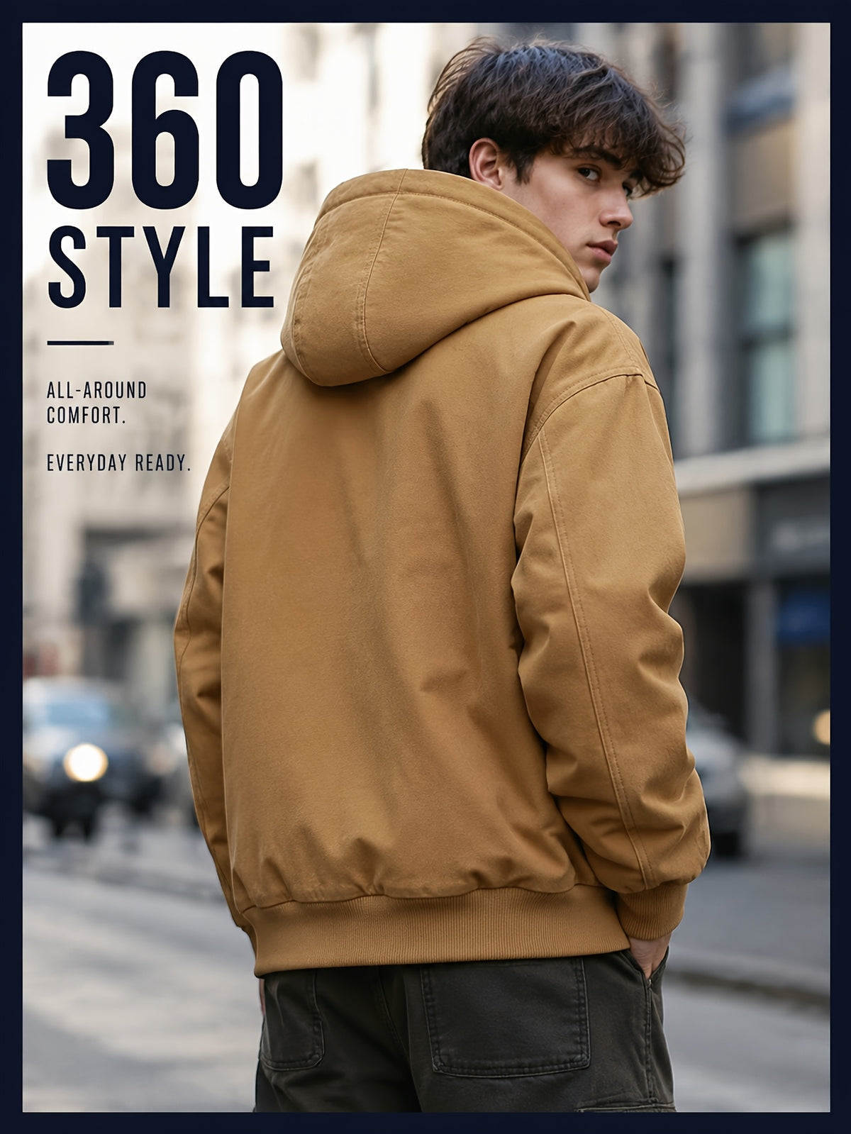 Men'S Full-Zip Hooded Jacket, Non-Removable Hood with Plaid Lining, Drawstring Hood Design, Large Kangaroo Pockets, Ribbed Cuffs And Hem, Loose Fit, Urban Street Casual Cargo Jacket - Dark Khaki