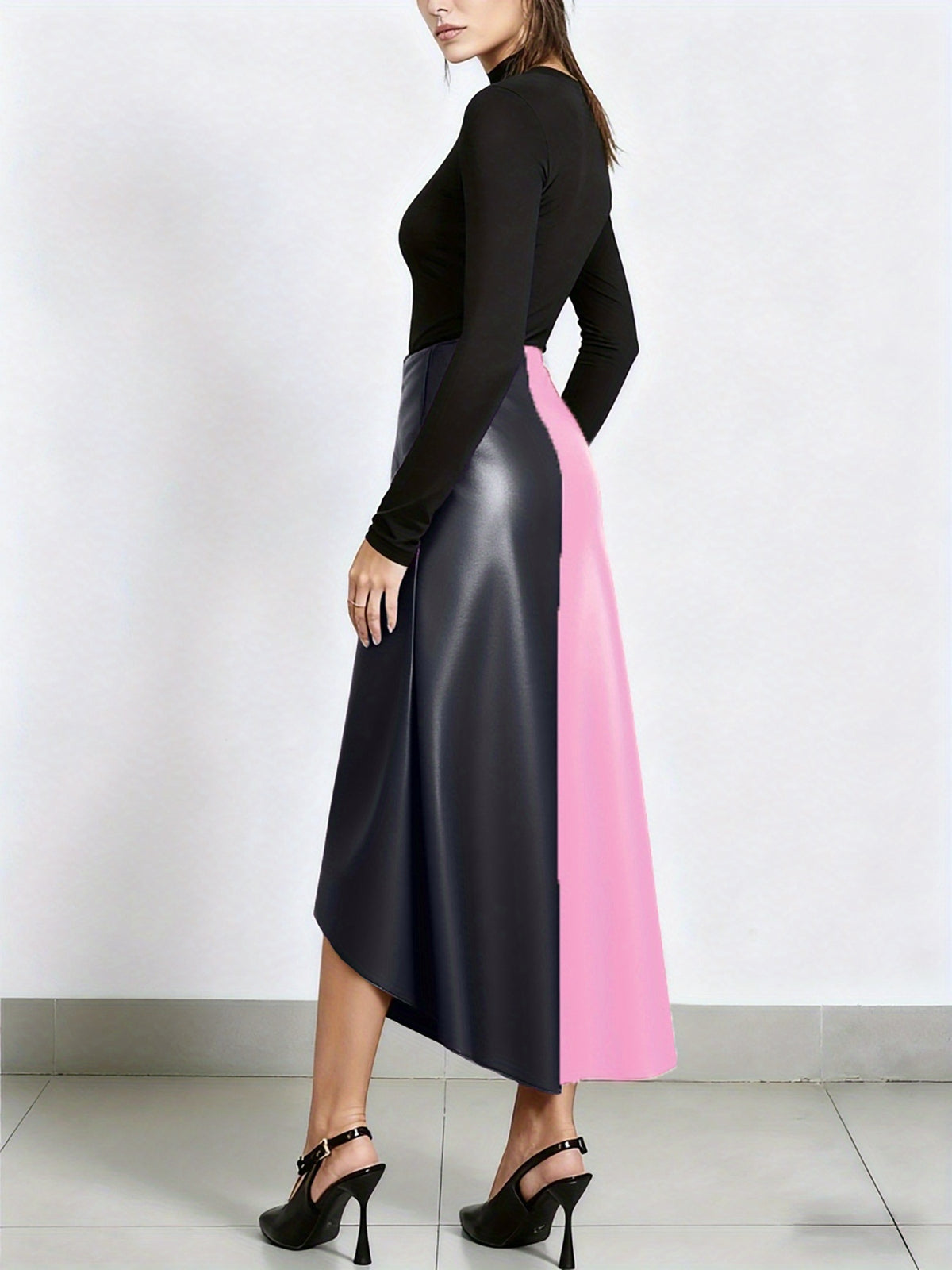 2026 Spring Summer New Arrival Skirt: Irregular Color Block Patchwork, Strong Design Sense, Bodycon Slim Fit Shapes Curves, Minimalist Fashion & Sexy, Y2K Style, Suitable for Casual, & Office Women'S Wear - Pink, gray and black contrast